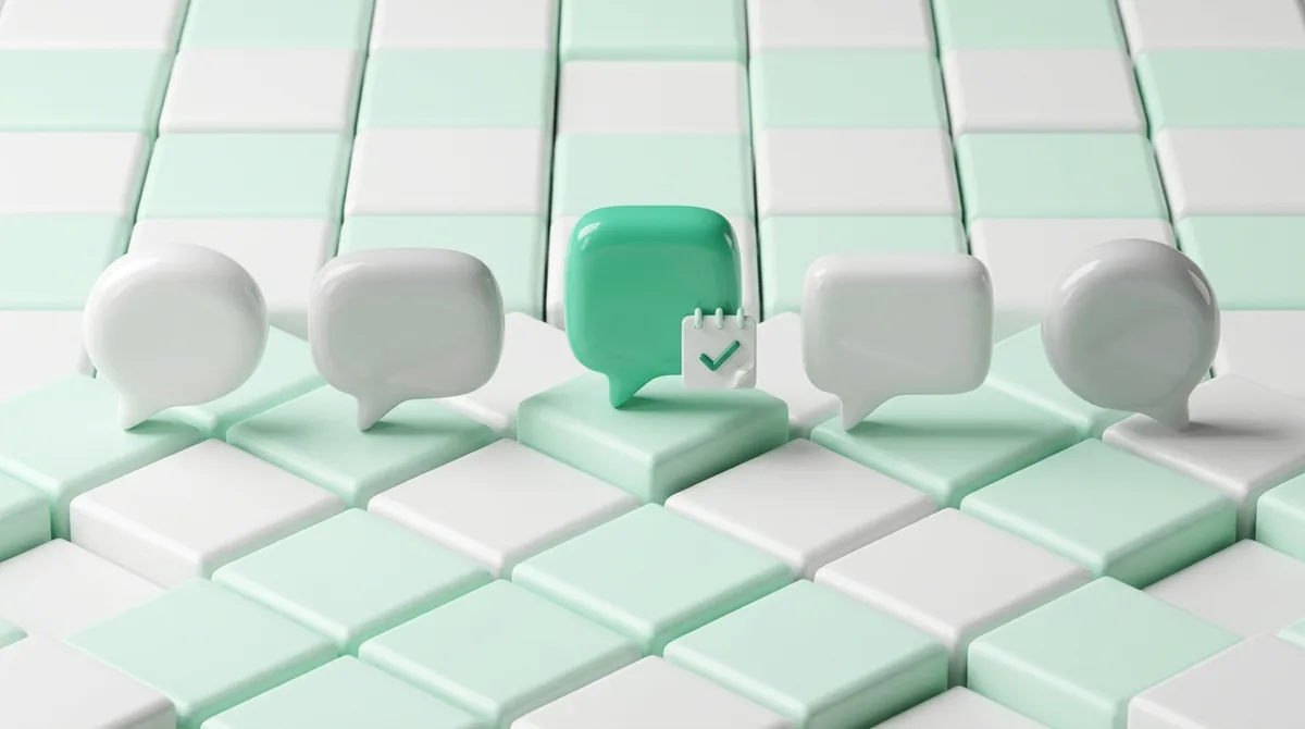 Comparatif de six setters IA, illustration 3D de bulles de chat sur un damier