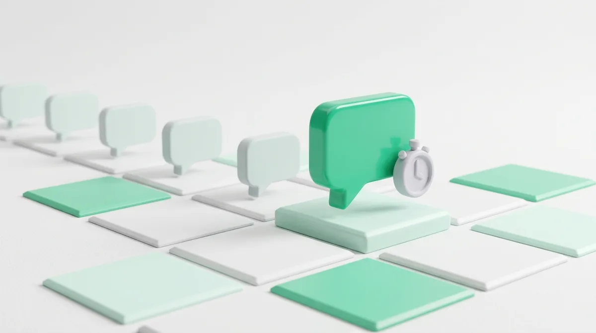 Une bulle de chat verte qui devance des bulles grises plus lentes avec un chronomètre, illustration 3D